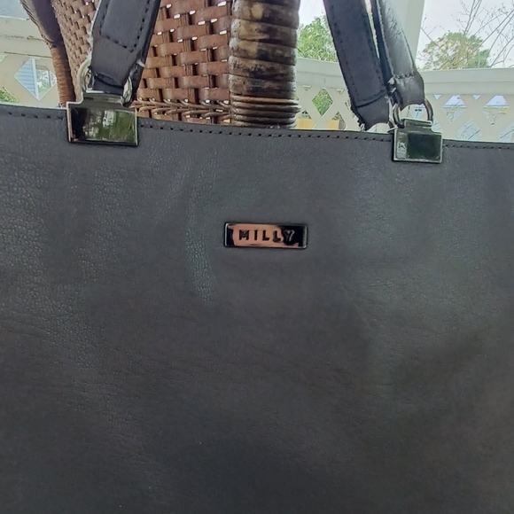 AUTH MILLY GUNMETAL GRAY CHAINLINKED XL LEATHER SATCHEL HANDBAG W/ LONG STRAP! - Picture 9 of 16